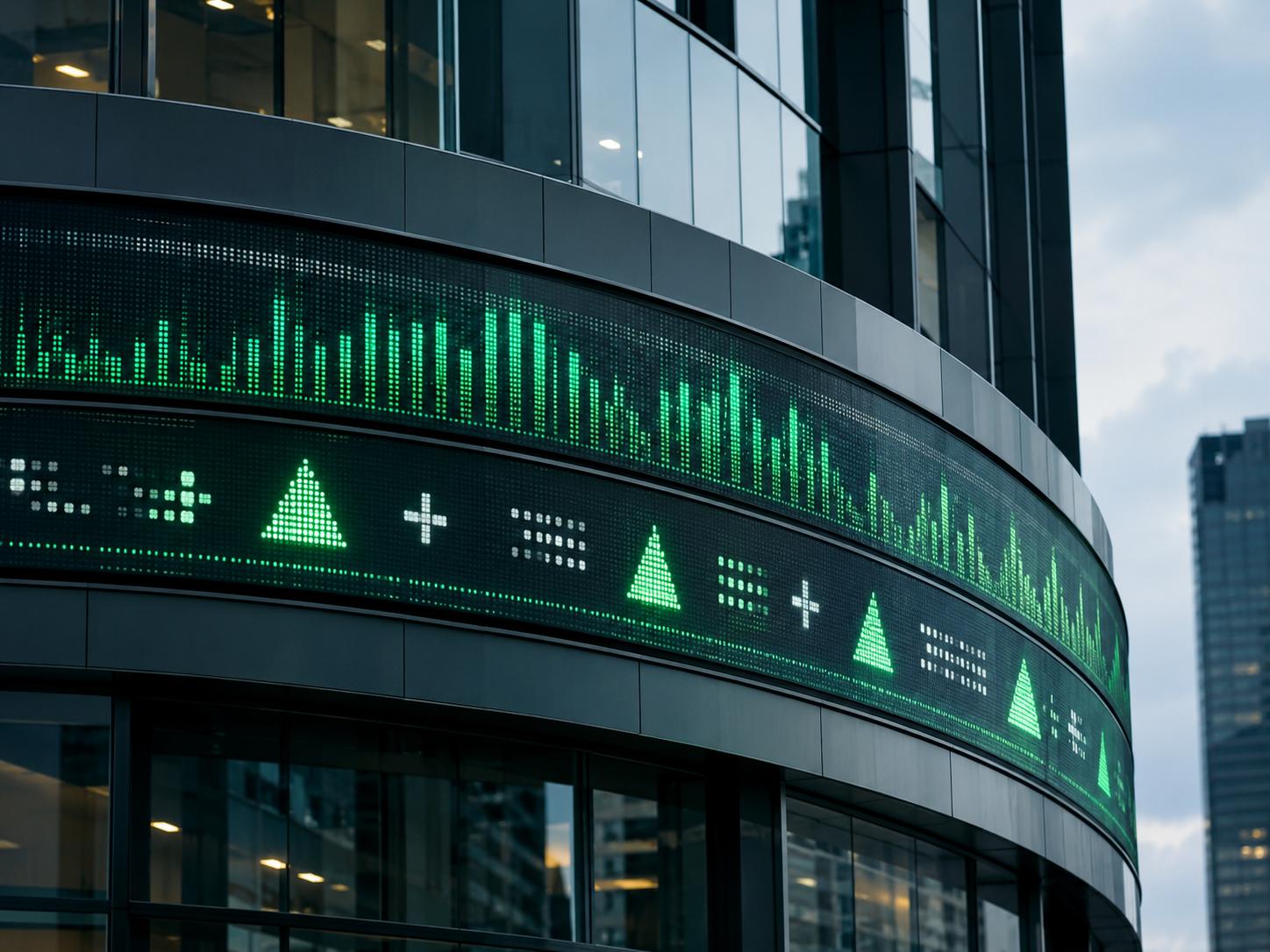 Glowing led stock ticker tape with abstract symbols scrolling across a building